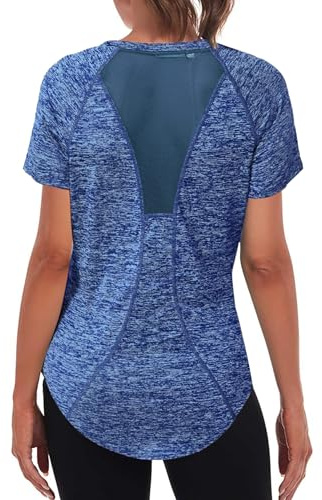 Wayleb Sports Tops for Women Crew Neck Yoga Tops Ladies Workout Running Activewear Short Sleeve Tee Shirts for Womens Dark Blue