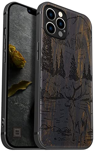 Carveit Coque magnétique pour iPhone 12 Pro Max Étui de Protection [Pare-Chocs en TPU Souple] Coque Compatible Magsafe avec 12 Pro Max Coque (Bois Sombre-Montagnes et cerf)