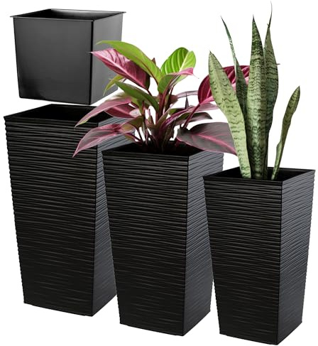 KADAX 3er Set Pflanzkübel mit Innentopf 46,5/57,5/68 cm Höhe, Schwarz – wetterfeste & robuste Blumenkübel aus Kunststoff, Blumentöpfe für Innen- & Außenbereich