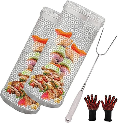 BAtlam Rollender Grillkorb, tragbares Outdoor-Camping-Rundgrillgestell für Gemüse, Pommes Frites, Fisch, vielseitiges rundes Grill-Kochzubehör (Größe: groß, Farbe: 1 Stück) (2 Stück klein)