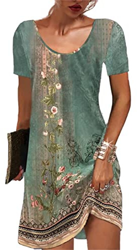 GRMLRPT Robe Femme Bohème Manches Courtes Col Rond Fleurie MiniRobe Robe Fleurie Imprimé Libre Tunique Robe Loisir(Vert,L)
