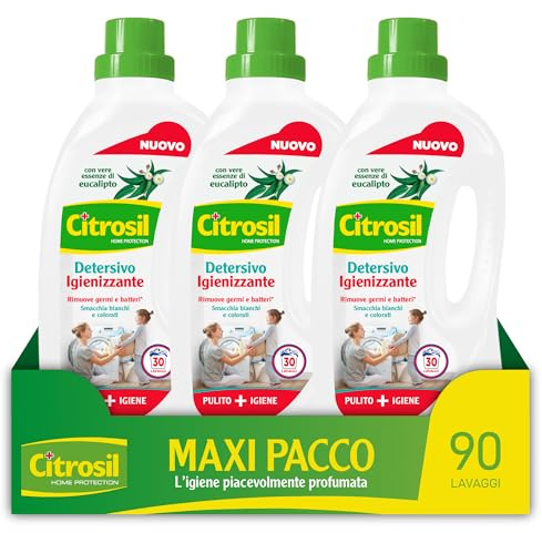 Citrosil - Detersivo Lavatrice Liquido Igienizzante, 90 Lavaggi, con Vere Essenze di Eucalipto, Rimuove Germi e Batteri*, Smacchia Bianchi e Colorati, 1500 ml x3 Confezioni