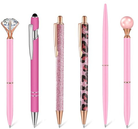 SHUBEIEUMI Lot de 6 Stylos à Bille pour Femme, Stylos à Bille Diamant Stylo en Métal, À paillettes, En métal, pour les Femmes Filles Demoiselle d'honneur