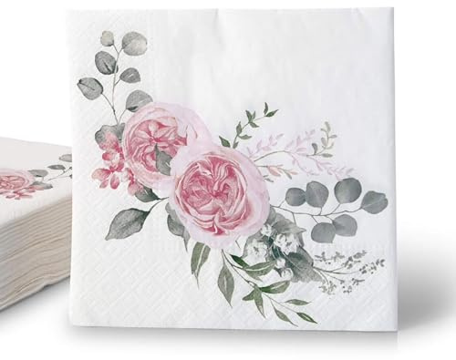 ECOFIESTA 20x rosa Servietten Eukalyptus 33 x 33 cm Rosen & Eukalyptus - Servietten salbeigrün saugfähig - Papierservietten, JGA Servietten