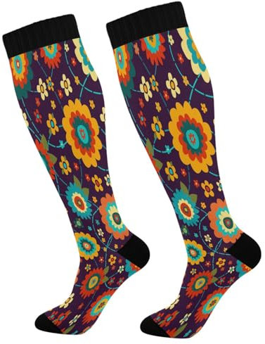 Ksajwzf Kompressionsstrümpfe für Damen und Herren, bunt, Blumenmuster, Kniestrümpfe für Frühling, Sommer, für Sport, Laufen, Wandern, Fitness, multi, One size