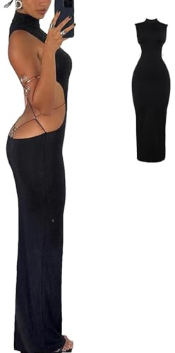 Duroecsain Robe Moulante Noire - Robe Noire avec Dos Ouvert - Robe sans Manches avec Motif Papillon - Robe Longue de soirée de Club - Robe Tendance pour Les Vacances, Les Rendez-Vous, B22 E27, S