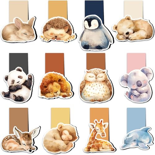 12 Stück Lesezeichen Magnetisch, Tixlux Lesezeichen Magnetisch im schlafenden Tierstil für Kinder, Lehrer, Studenten, Buchliebhaber, liebe kleine Tierfans