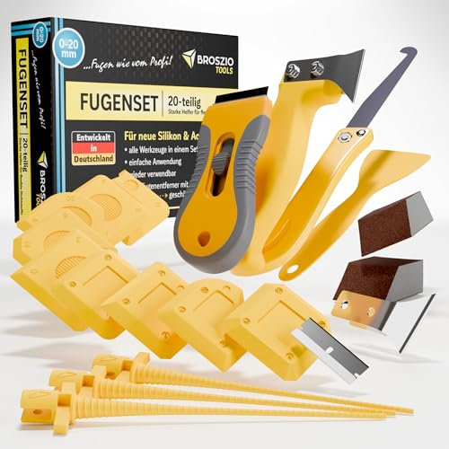Broszio Tools 20-teiliges Silikonentferner Set – Professionelles Silikonentferner Werkzeug zur Bearbeitung von Silikonfugen – inkl. Fugenmesser, Spachtel, Silikonfugen-Abzieher und mehr