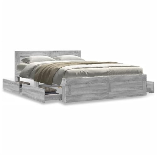 IKAYAA Bettgestell 120x190 mit Kopfteil Bett 120x190 mit schubladen Bettgestell mit Lattenrost Stauraumbett Holzbett -Grau Sonoma-120 x 190 cm