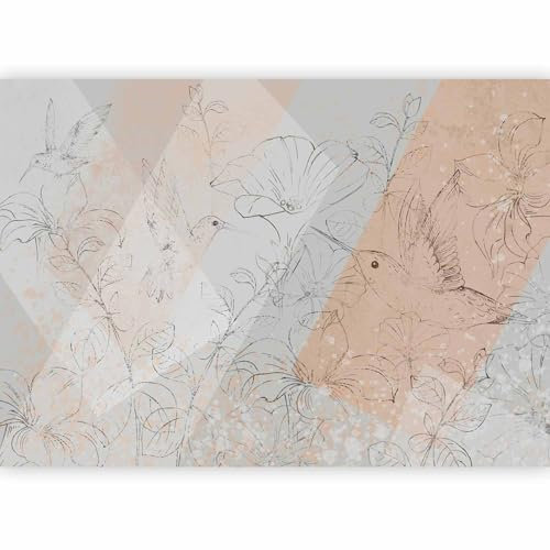 murando - Papier Peint Panoramique Intissé Nature 350x256 cm - Revêtement Mural pour Salon - Marron vert gris - Oiseaux fleurs plantes colibris géométrie graphique prairie b-C-10085-a-a