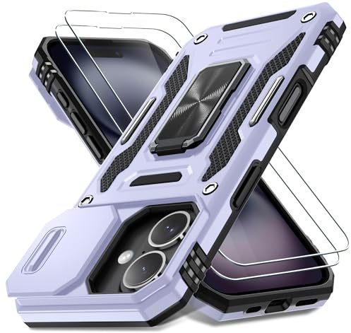 DEERLAMN Case for iPhone 16 with Slide Camera Cover+Screen Protector (2 Packs), Rotated Ring Kickstand Military Grade Shockproof Protective Cover-Light Purple
