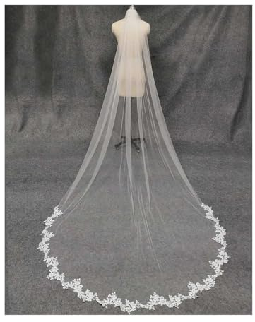 WLTYSM Brautschleier Spitzenapplikationen 3Meters lang 1,5M breit Brautschleier mit Kamm Eine Schicht Weiß Elfenbein Weicher Tüll Brautschleier Hochzeitszubehör Kopfschmuck Schleier(Ivory)