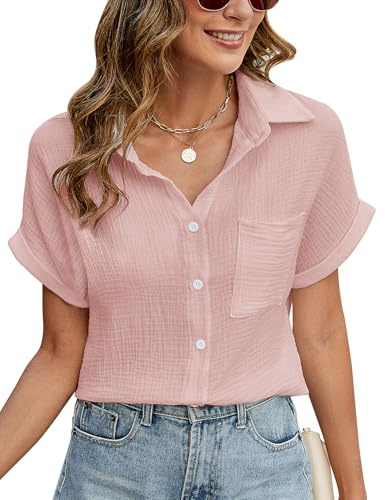 PASUDA Camicia Donna Estiva Camicetta Manica Corta da Donna Casual Cotone Elegante Blusa con Scollo a V Maglietta con Bottoni Moda Tinta Unita Tunica Classico Top T Shirt (Rosa, L)