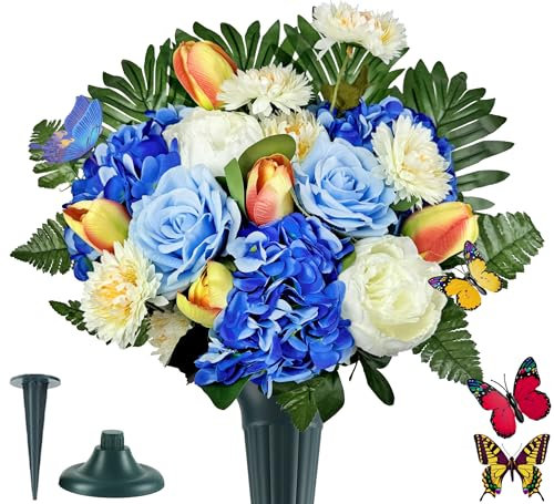 Saxili Artificial Cemetery Flowers for Grave,Memorial Flowers Bouquet with Vase for Headstones Decoration,Blue Rose Tulip Hydrangea