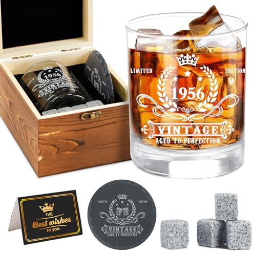 Regalo 70° compleanno uomo, vintage 1955, set di bicchieri da whisky, scatola di legno, pietre da whisky, sottobicchieri, biglietto di auguri, regalo di compleanno per lui, marito, papà