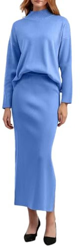 Damen-Pullover, zweiteilig, lockere, warme Pullover + langer Rock, Stricksets für Damen, himmelblau, XL