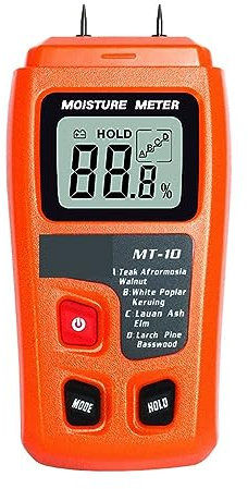 Misuratore di Umidità, MT-10 EMT01 Misuratore di umidità del legno Tester di umidità del legno Igrometro Rilevatore di umidità del legno Tester di densità'albero Grigio Arancione per legna da ardere,