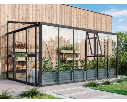 Vitavia Anlehn-Gewächshaus Helena 10200, schwarz, 10,2 m², 3 mm ESG, 10 mm HKP | Wetterfestes & stabiles Wand-Gewächshaus zur Pflanzenanzucht | Ideales Treibhaus für Gemüse, Kräuter & Blumen