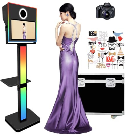 Tragbare Selfie Photo Booth, DSLR Photobooth Maschine mit DSLR Camera, Flight Case & RGB Licht, 15,6 Zoll Touchscreen für Hochzeit Party (Schwarz, Photo Booth + Kamera)