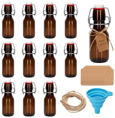 eispap 4 oz Amber Square Mini Swing Top Glass Bottles with Stoppers Small Flip Top Bottles with Airtight Lids for Crafts Decoration Wedding Themed Party Favors (12)