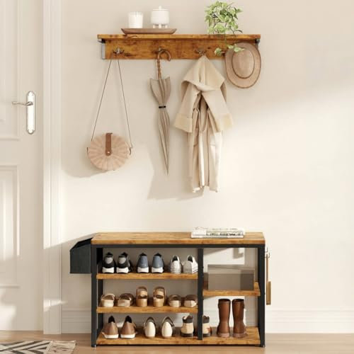 Xbro Wandgarderobe, Schuhbank, 4-in-1 Wandgarderobe mit Ablage, Schuhbank, Haken, Seitentasche, Braun