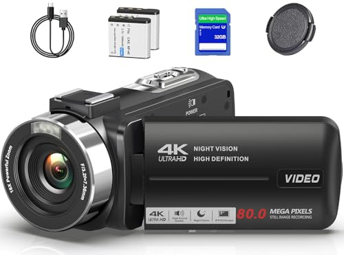 4K Video Camera Camcorder Ultra HD 80MP Vlogging Camera for YouTube 18X Digital Zoom 3.0 IPS 270° Screen IR Night Vision Camcorder Recorder with 32GB SD Card, Lens Cap and 2 Batteries