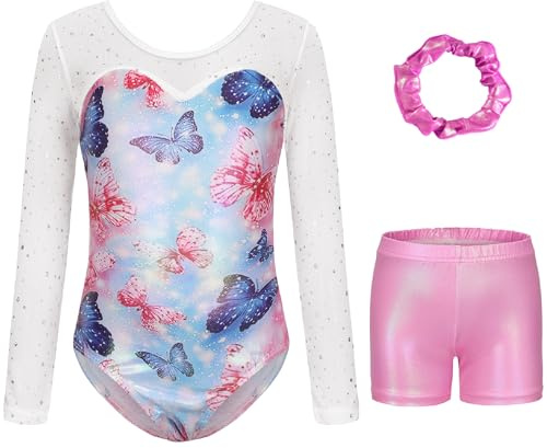 Sinooem Dreiteilige Gymnastikanzüge Für Mädchen Langärmelig Gymnastik Trikot Set mit Shorts und Haarband, Gymnastik Outfit Glitzernde Schmetterlinge für 5-12 Jahre