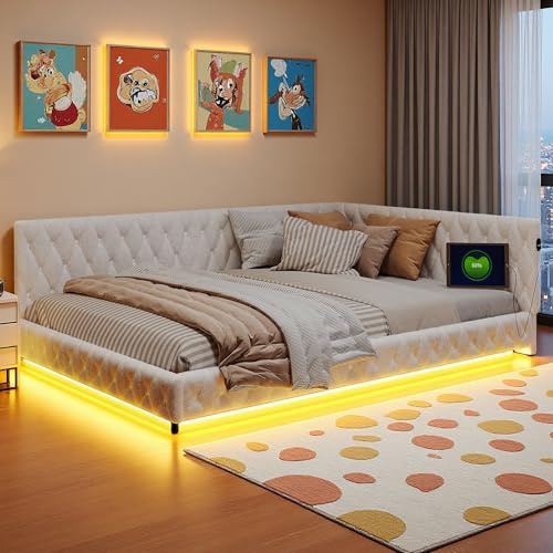Yeutre Canapé lit 140x200 cm, Canape Lit Rembourré avec éclairage LED et Charge USB, lit Banquette 2 Places Multifonction avec Sommier à Lattes, sans Matelas (Beige Teddy, 140 x 200 cm)