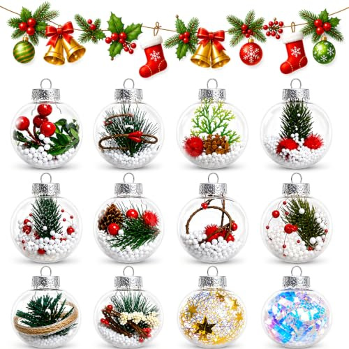 12 Piezas Bolas Arbol de Navidad, FainFun 6 cm Diámetro Bola Navidad Personalizada, FáCiles de Colgar, Regalo de NavideñAs, Adornos NavideñAs Reutilizables (Transparente)