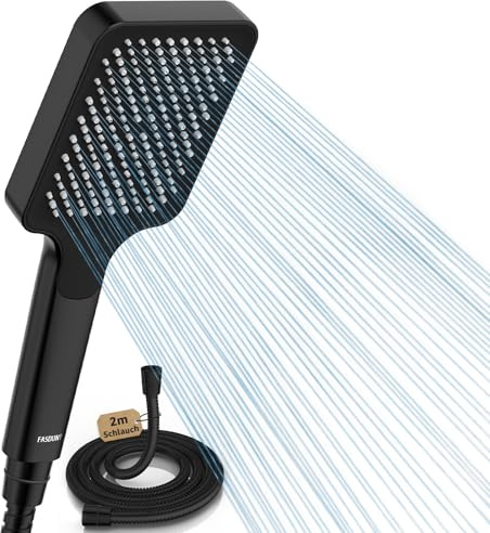 FASDUNT Duschkopf mit Schlauch 2M, Hochdruck Handbrause groß, Wassersparend | Duschbrause Regendusche (110 x 150 mm), 9,5 L/min Durchflussbegrenzer, Sparduschkopf, 40% Wasserersparnis, Antikalk, Schwarz