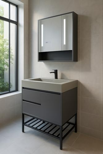 WITIT ARREDO BAGNO SET COMPLETO MOBILE BAGNO SOSPESO IN LEGNO BC008 DA 70 CM O 90 CM GRIGIO SCURO CON 2 CASSETTI LAVABO SABBIA IN CERAMICA E SPECCHIERA CON LED E VETRO RISCALDABILE (90 cm)