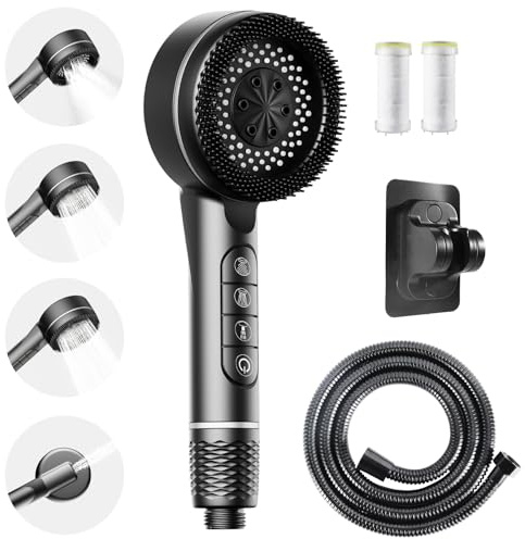 Soffione Doccia con Spazzola Massaggiante e Filtro Anticalcare - Doccetta con 4 Funzioni Getto, Kit Completo con Supporto Parete e Tubo 1,5m (Nero) - Set Completo con Risparmio Idrico