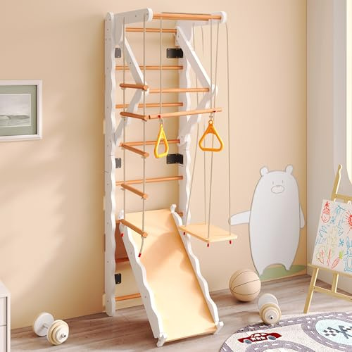 muenfly Struttura da arrampicata 6 in 1 per interni in legno massello, con scivolo, altalena e scaletta, dispositivo da gioco multifunzione per bambini dai 3 anni in su