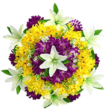 Konstgjord blomkrans, 50 cm siden krysantemum och lilja minneskrans för kyrkogården, gravplatsdekoration med plastbas, långvarig blomhyllning