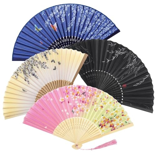 Leikedun 4 Pack Silk Fabric Hand Fans,Hollow Carved Bamboo Hand Fan Folding | Handheld Fan Folding with Tassel for Wedding, Gifts, Performance, Dancing, Home Decoration, Summer Cooling