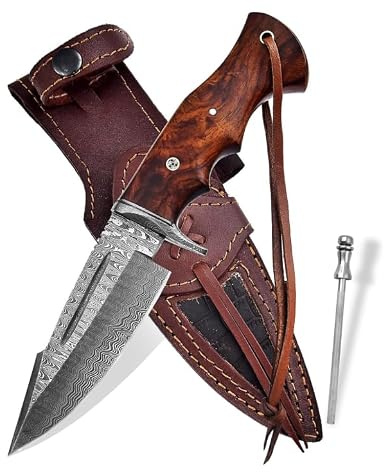Novahaven Custom Handmade Jagdmesser, 12 cm Klinge aus Echtem Damaststahl, Rosenholzgriff, 25 cm Gesamtlänge, Hochwertige Echtlederscheide