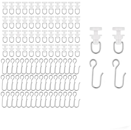 Gardinenhaken & Gardinenröllchen 100 Stück Set - 50 Leise Laufrollen Kunststoff & 50 Edelstahl Faltenhaken, Gleiter für Schienen & Stangen, Universelles Zubehör für Vorhang & Duschvorhang, Weiß