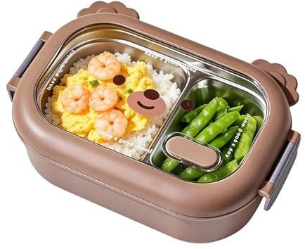 De Acero Inoxidable Para Niños | Organizador térmico para ensaladas 1000 ml,Lonchera de Acero con Compartimentos y Diseño de Oso Adorable | para niños mujeres hombres adultos viajes y escuela