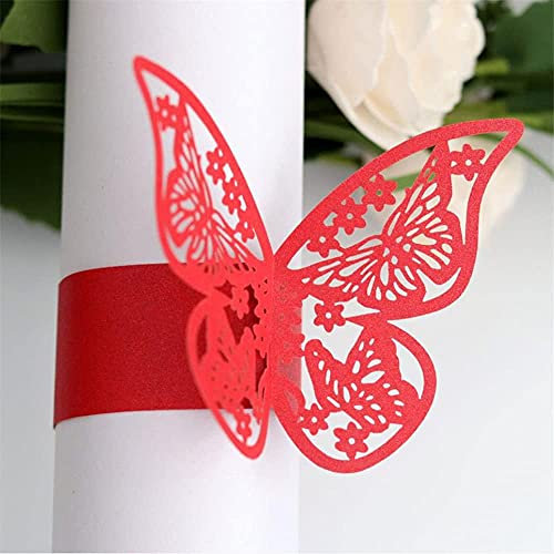 Lavandi 100pcs 3D New Butterfly Paper Napkin Rings Weddings Party Serviette Table Decoration Restaurant (Red)
