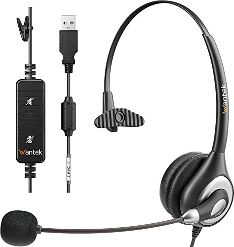Wantek Headset mit Mikrofon 601N Mono USB Typ-C Headset für PC Computer Laptop mit Noise Cancelling Mikrofon und Anrufsteuerung für Call Center Business Online Konferenz