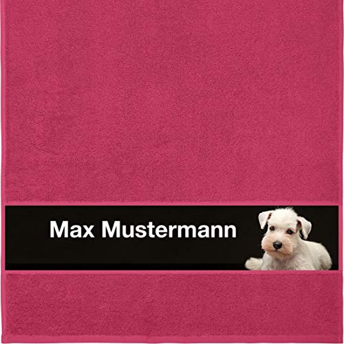 Manutextur Handtuch mit Namen - personalisiert - Motiv Tiere - Hund - viele Farben & Motive - Dusch-Handtuch - Fuchsia - Größe 50x100 cm - persönliches Geschenk mit Wunsch-Motiv und Wunsch-Name