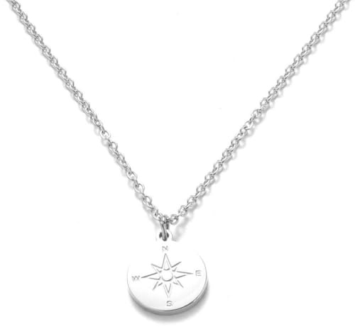 Kim Johanson rostfritt stål dam halsband *kompass* i silver, guld och roséguld med ett hänge resa boho smycke flerskiktskedja justerbar inkl. smyckespåse, Rostfritt stål