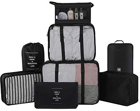 Belsmi Reise Kleidertaschen Set 8-teilig Reisetasche in Koffer Reisegepäck Organizer Kompression Taschen Kofferorganizer Mit Schuhbeutel (Stil A - Schwarz)