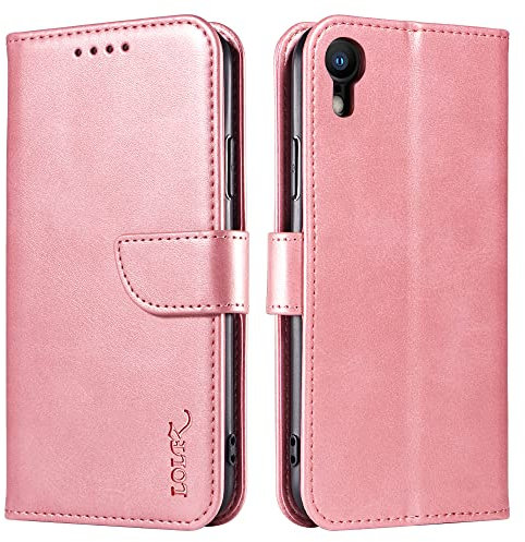 LOLFZ Wallet Case for iPhone XR, Vintage Leather Book Case with Card Holder Kickstand Magnetic Closure Flip Case Cover for iPhone XR - Rose Gold