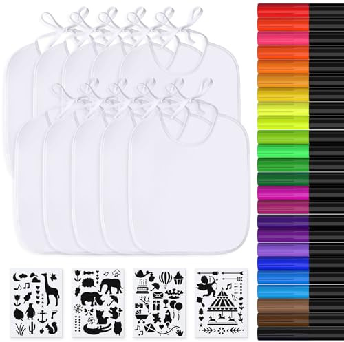 APOGO Lätzchen zum Bemalen 10 Stück Weiße Lätzchen 29.5 * 25.3cm Aus Baumwolle und Wasserdichte Seite, mit 24 Textilstie und 4 Schablonen für Junge und Mädchen Baby shower Party Deko