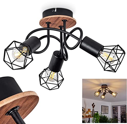 HOFSTEIN Deckenleuchte Baripada, Deckenlampe aus Metall/Holz in Schwarz/Naturfarben, Leuchte im Retro/Vintage-Design, Lichteffekt durch Gitter-Optik, 3 x E14, Wohnzimmer, Esszimmer, Schlafzimmer