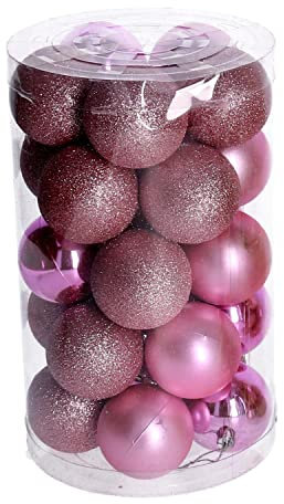 Confezione tubo 25 palline di natale in plastica rosa da appendere per decorazione albero 6cm di diametro