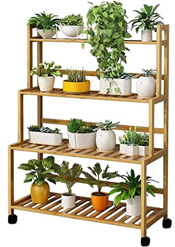 SXBHDM Étagère à Plantes escalier Support de Porte Pots de Plante Fleurs Étagère à Fleurs Support pour Plantes en Bambou avec roulettes Intérieur Extérieur Autoportant