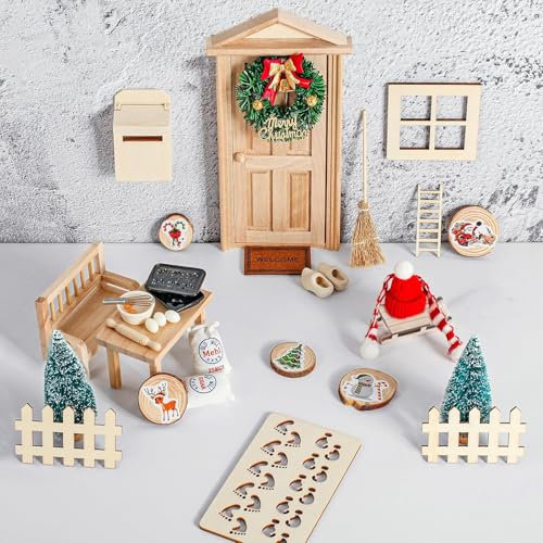 WVWMYM Wichteltür Komplettset, Miniatur Wichtel Zubehör Weihnachten, Wichteltür Set, Weihnachtsdeko Feentür für Kinder Wichtelhaus, Weihnachtsbaumgirlande, Teppich, Miniatur-Gartenmöbel (45 Stück)