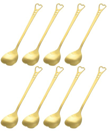 sourcing map Lot de 8 cuillères en forme de cœur en acier inoxydable de 14 cm pour dessert, café, thé, sucre, doré